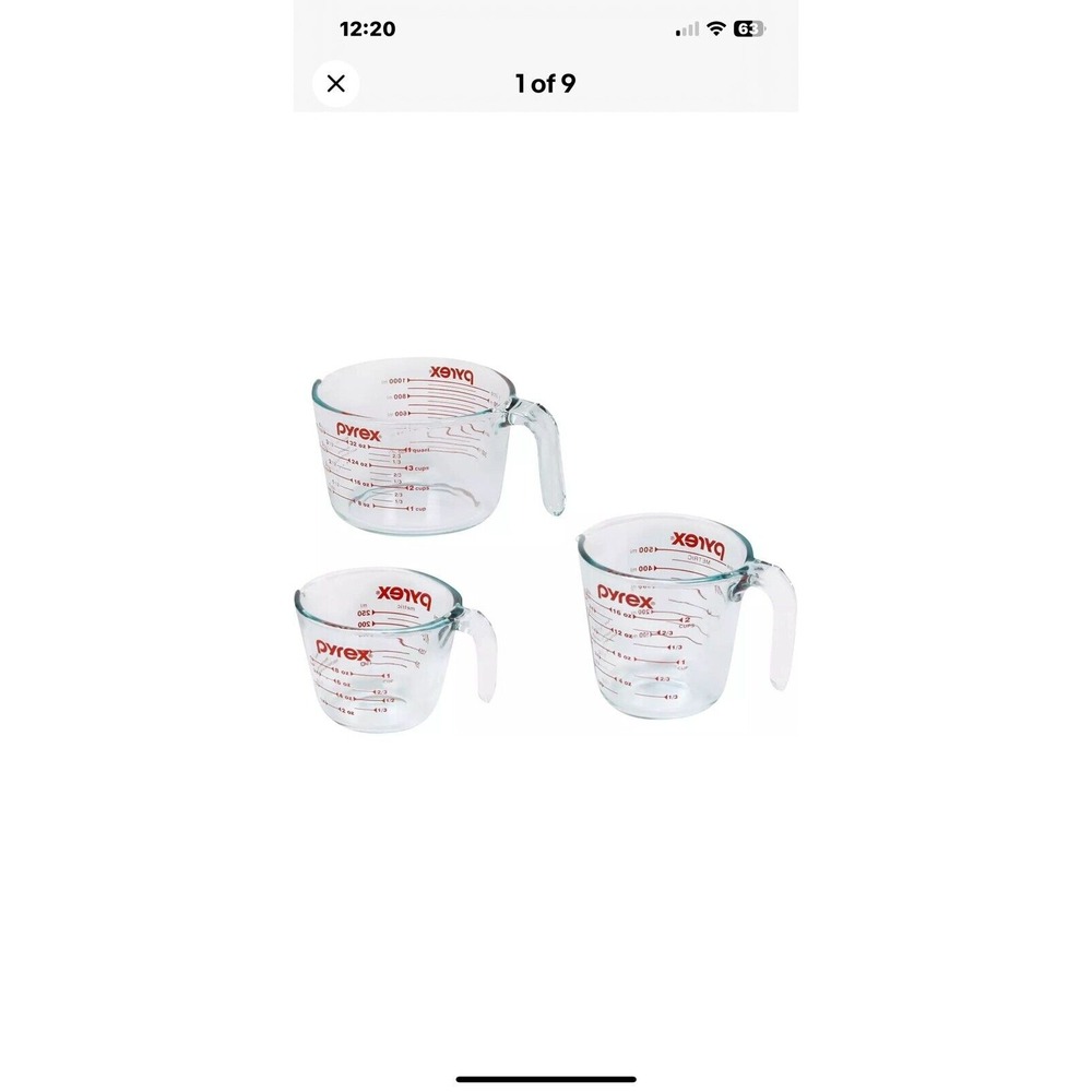 Pyrex 3 Piece Glass Measuring Cup Set, Wet/Dry, Measure In Ounce, Cups, ML. NEW
